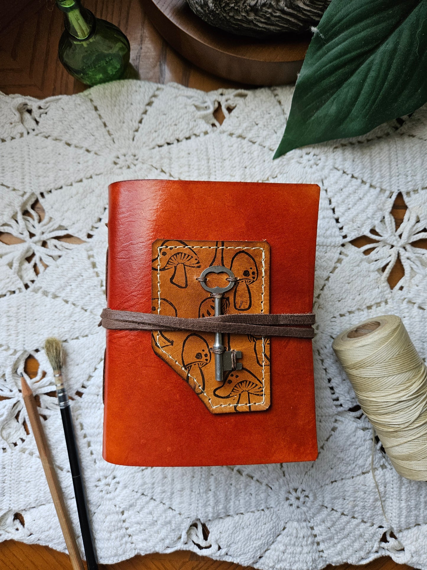 Red Leather Journal with Antique Key & Mushroom Design