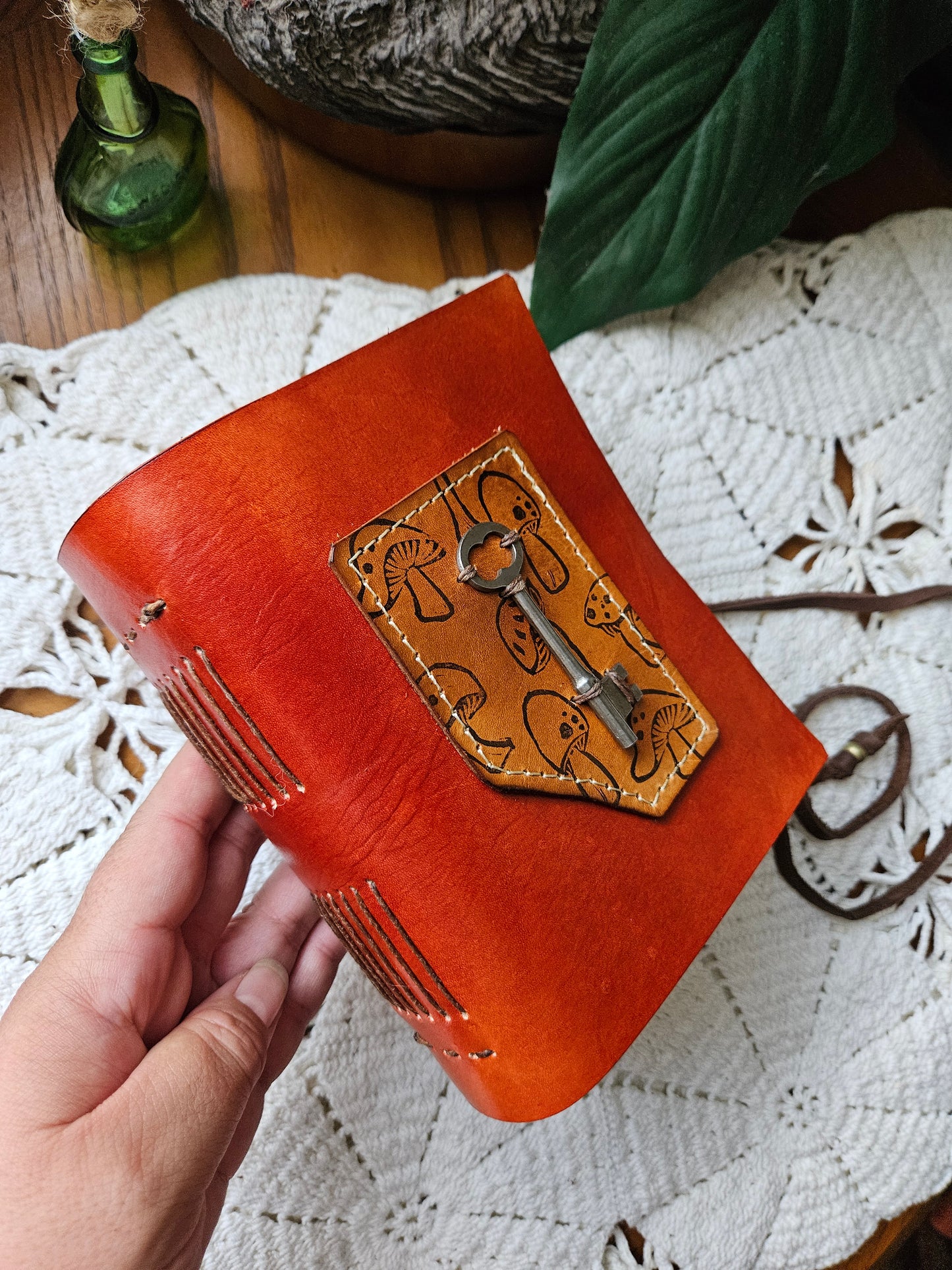 Red Leather Journal with Antique Key & Mushroom Design