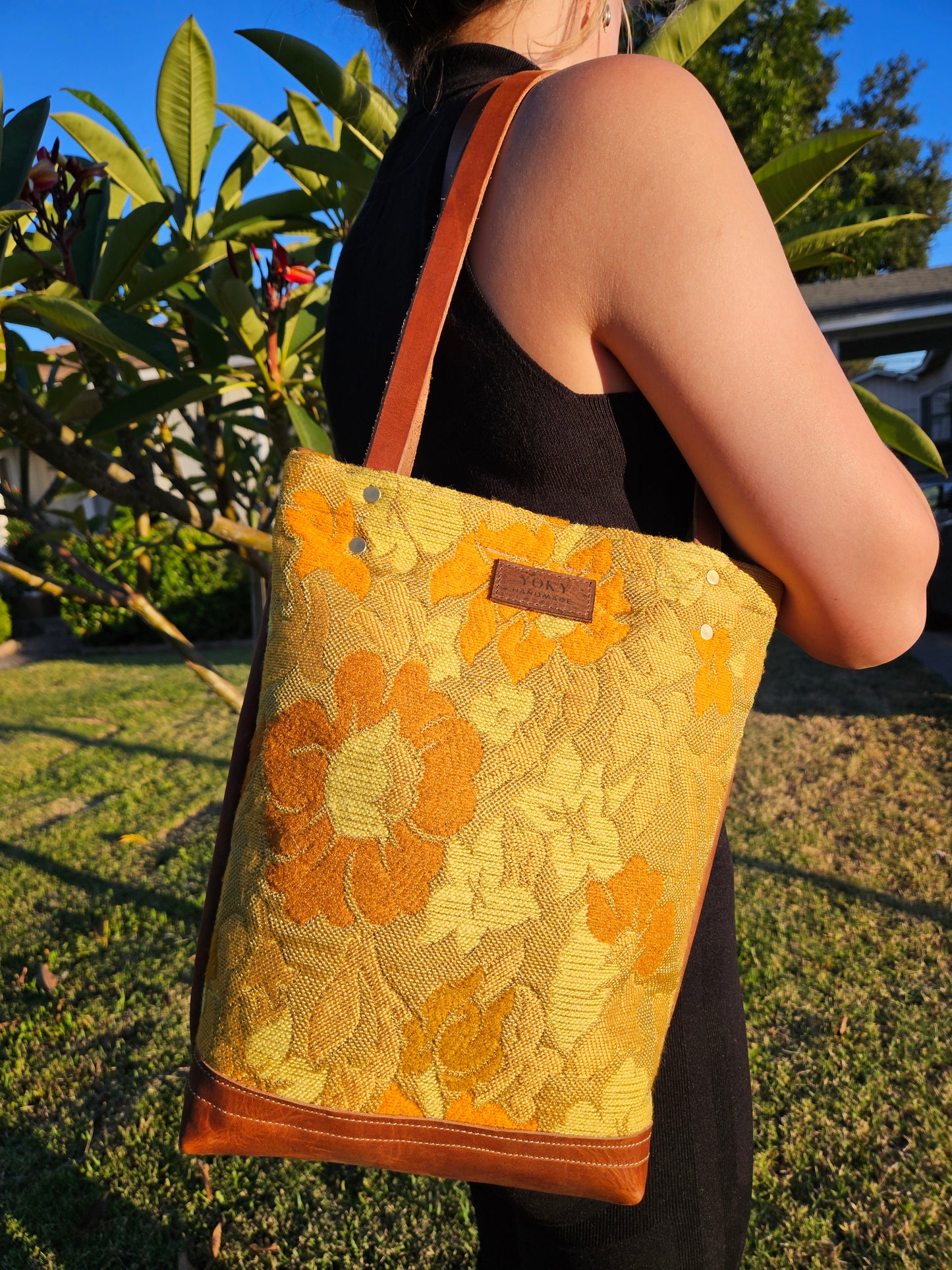 Small Vintage Fabric Leather Tote Bag