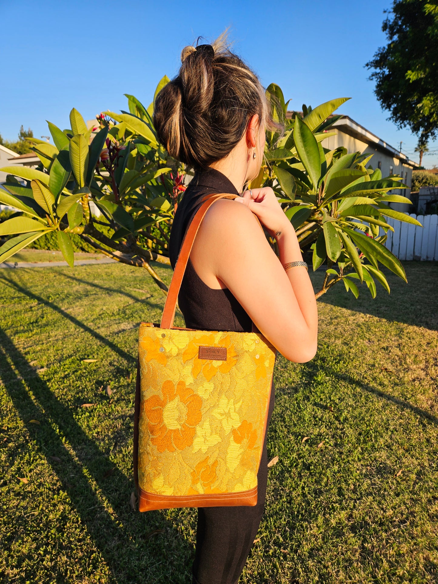 Small Vintage Fabric Leather Tote Bag