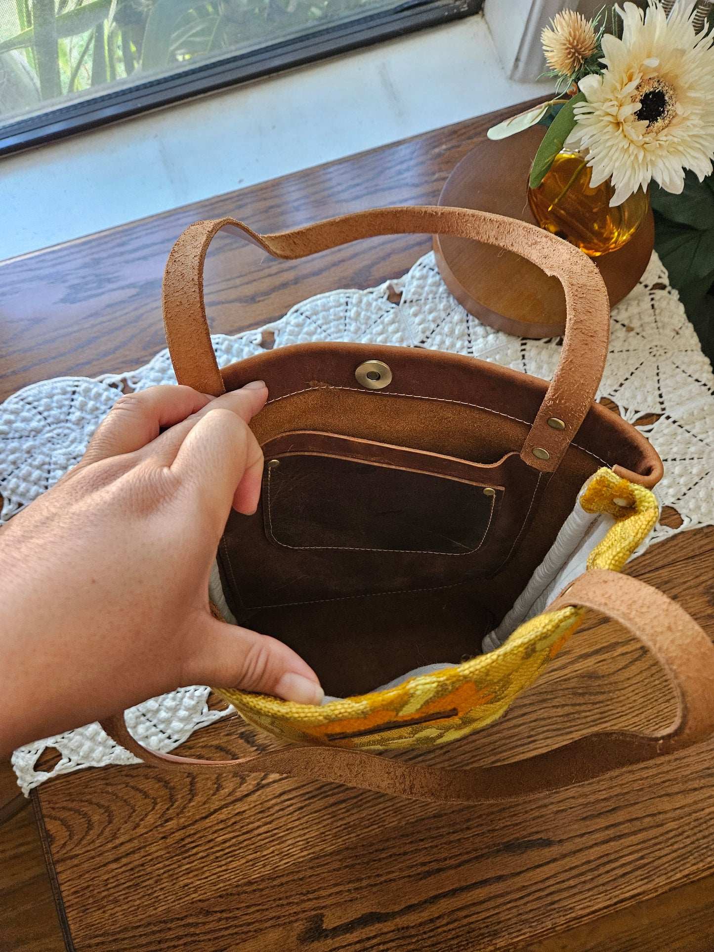 Small Vintage Fabric Leather Tote Bag