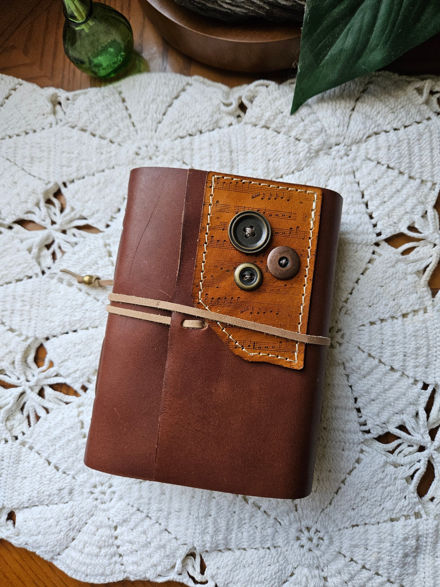 Soft Leather Journal with Brass Buttons & Music Notes Design
