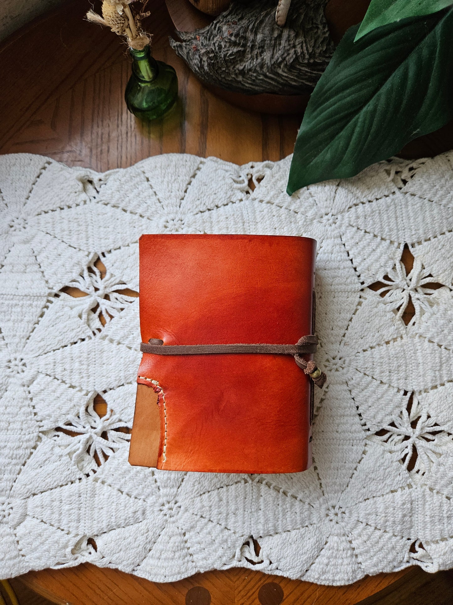Red Leather Journal with Antique Key & Mushroom Design