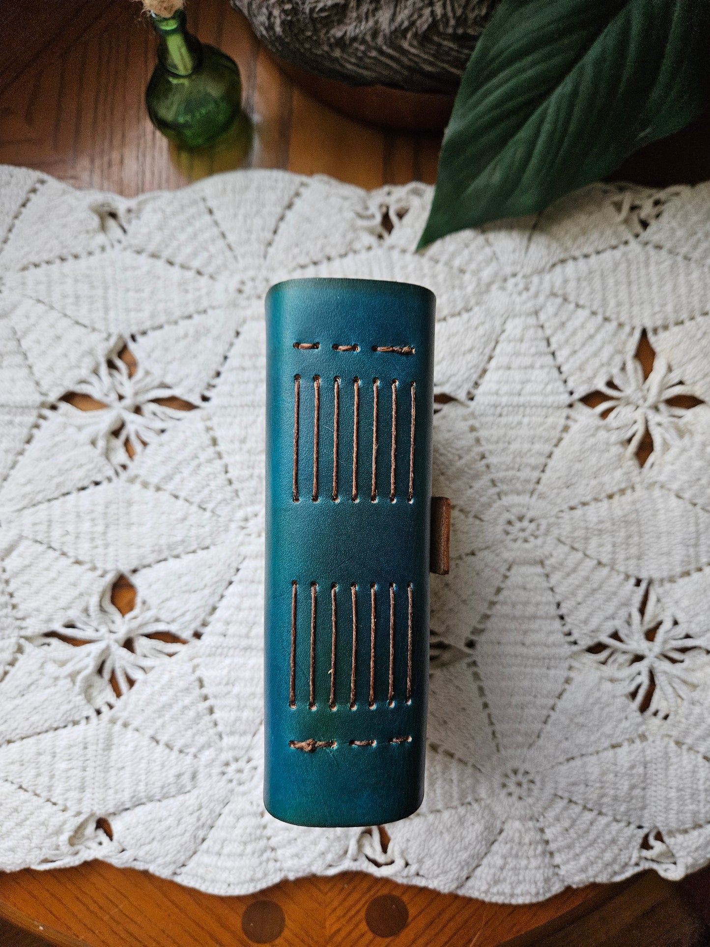 Teal Blue Leather Journal with Brown Strap & Leaf Design