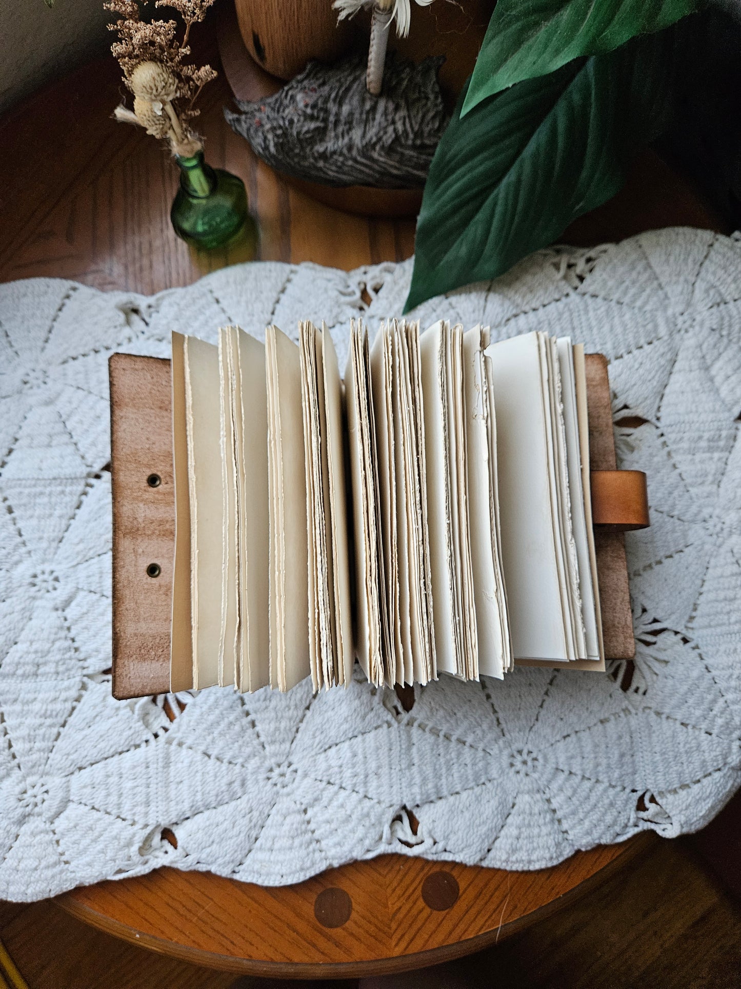 Teal Blue Leather Journal with Brown Strap & Leaf Design