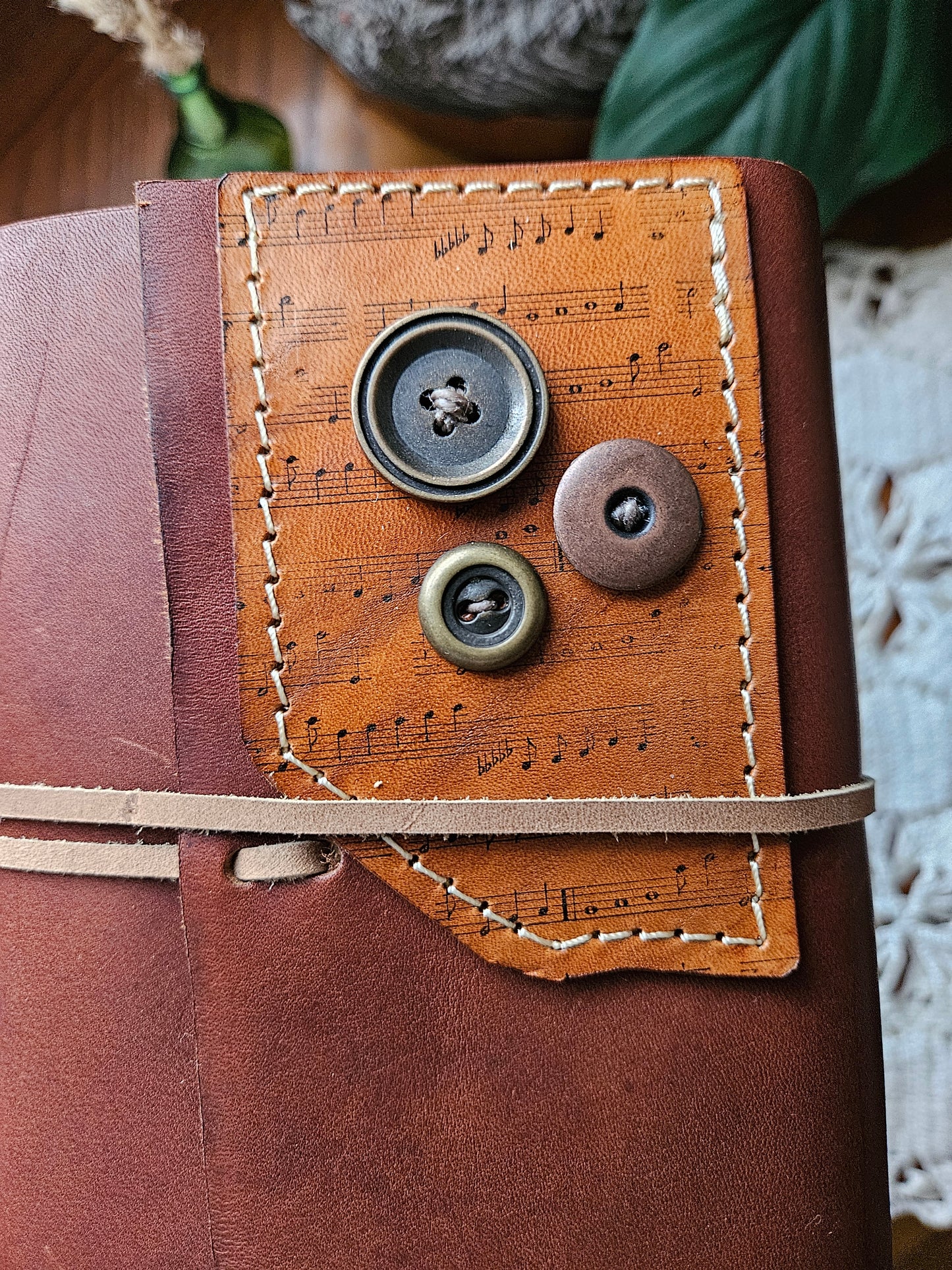 Soft Leather Journal with Brass Buttons & Music Notes Design