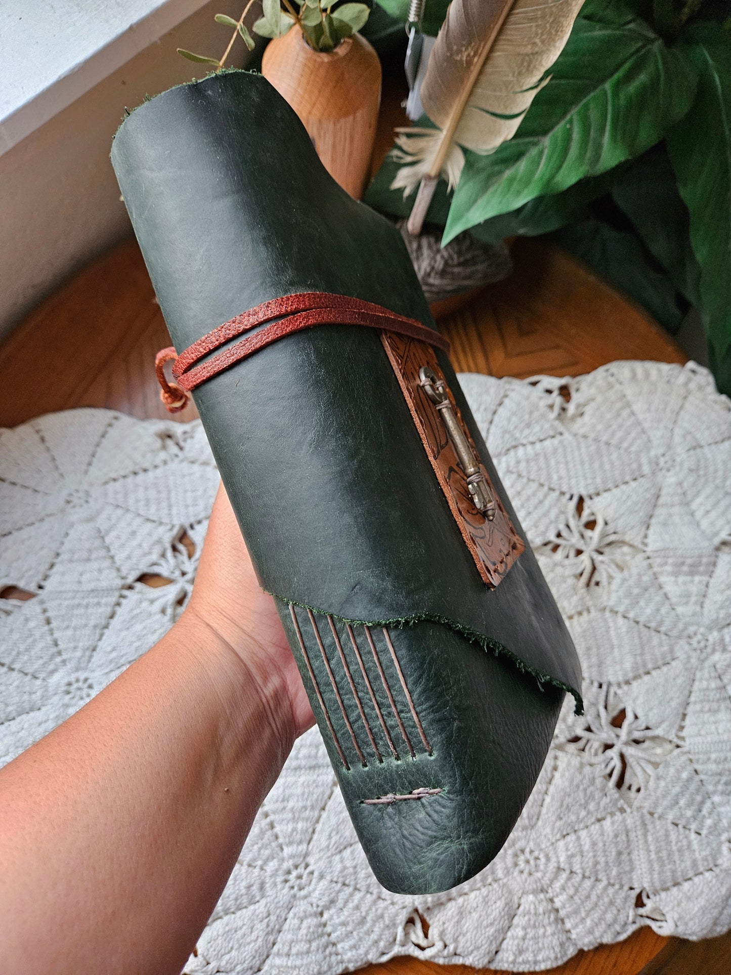 Large Forest Green Leather Journal with Unique Raw Edge & Antique Brass Key