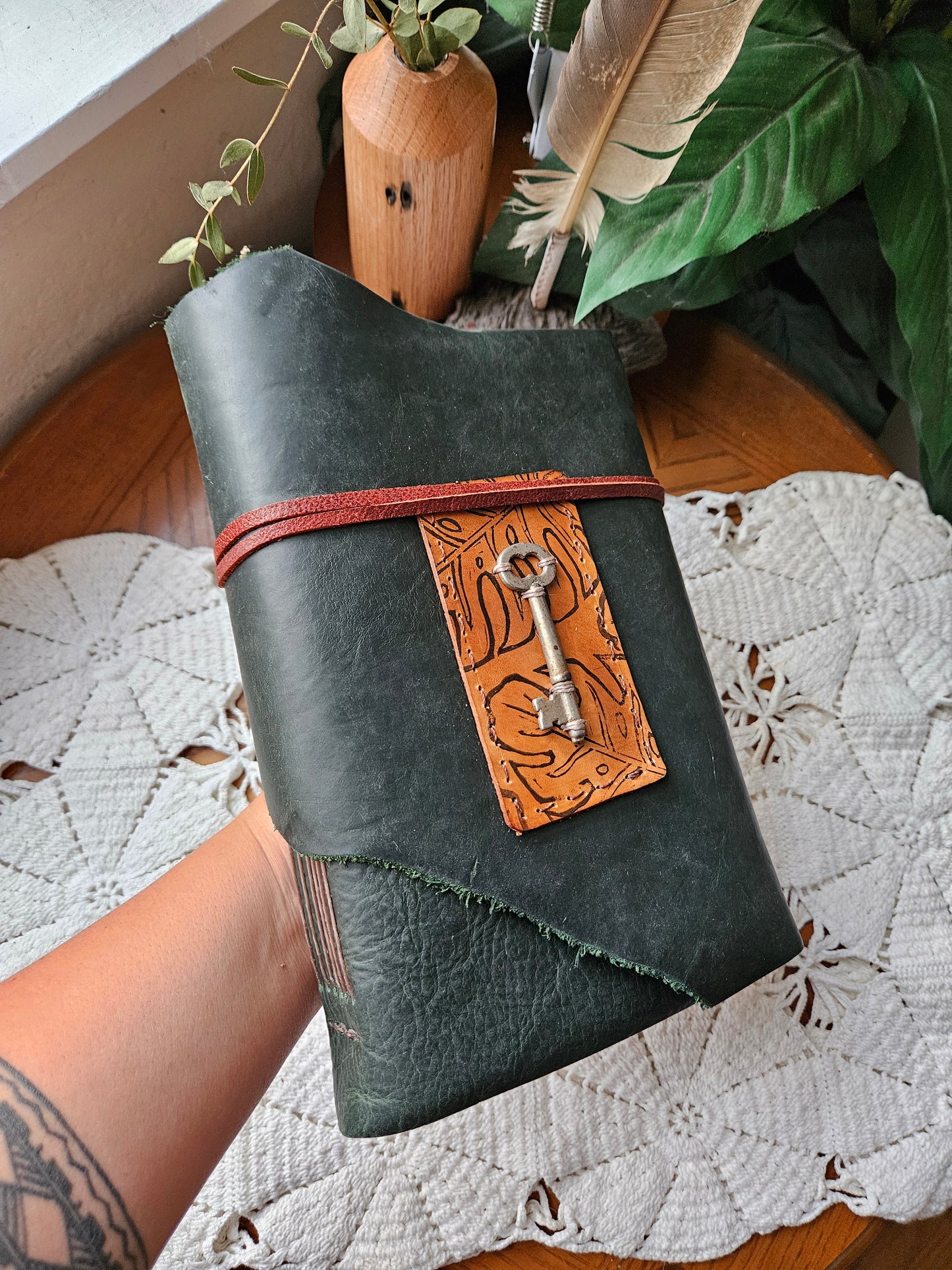 Large Forest Green Leather Journal with Unique Raw Edge & Antique Brass Key