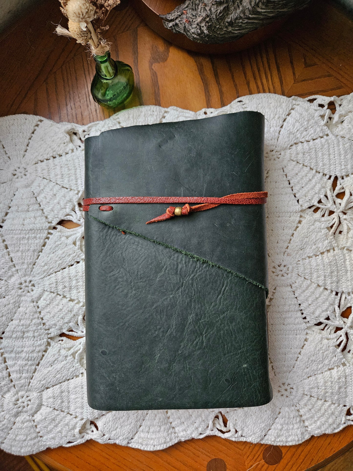 Large Forest Green Leather Journal with Unique Raw Edge & Antique Brass Key