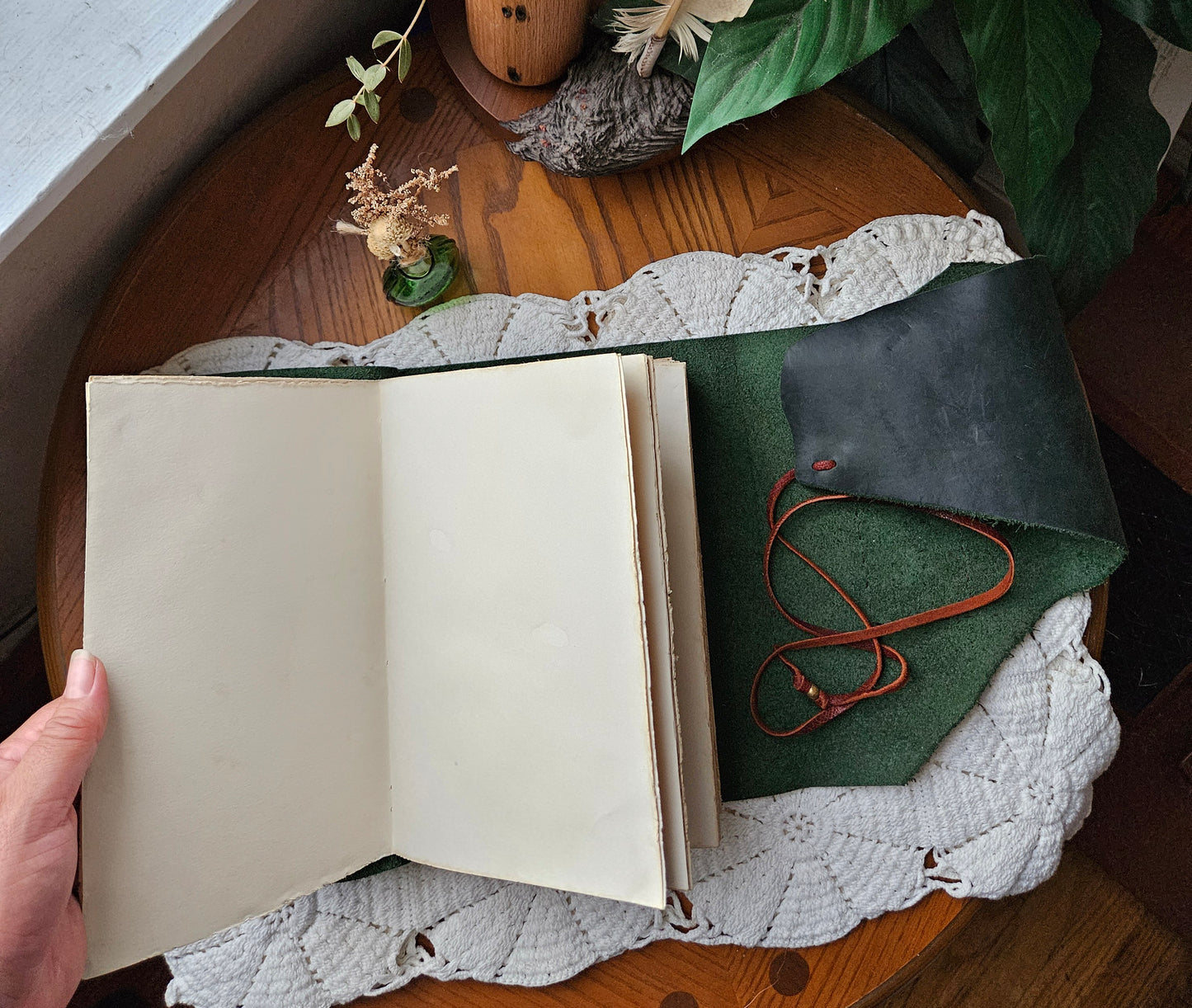 Large Forest Green Leather Journal with Unique Raw Edge & Antique Brass Key