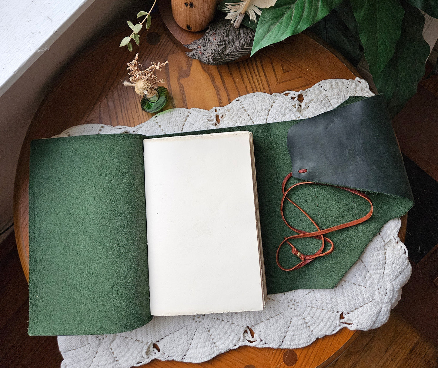 Large Forest Green Leather Journal with Unique Raw Edge & Antique Brass Key