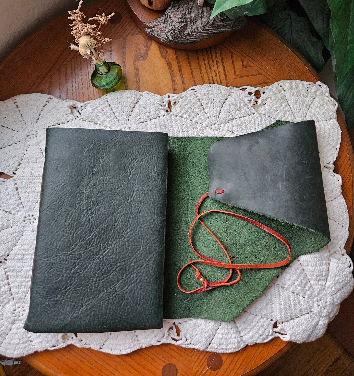 Large Forest Green Leather Journal with Unique Raw Edge & Antique Brass Key