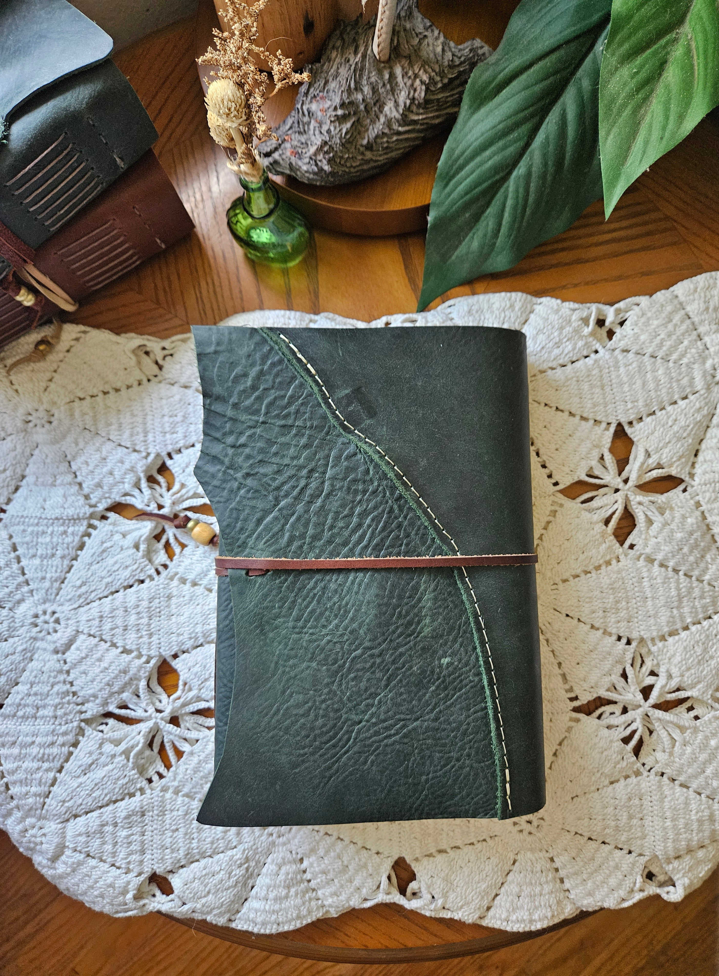 Forest Green Leather Journal with Raw Edge, Brass Key & Botanical Desi ...