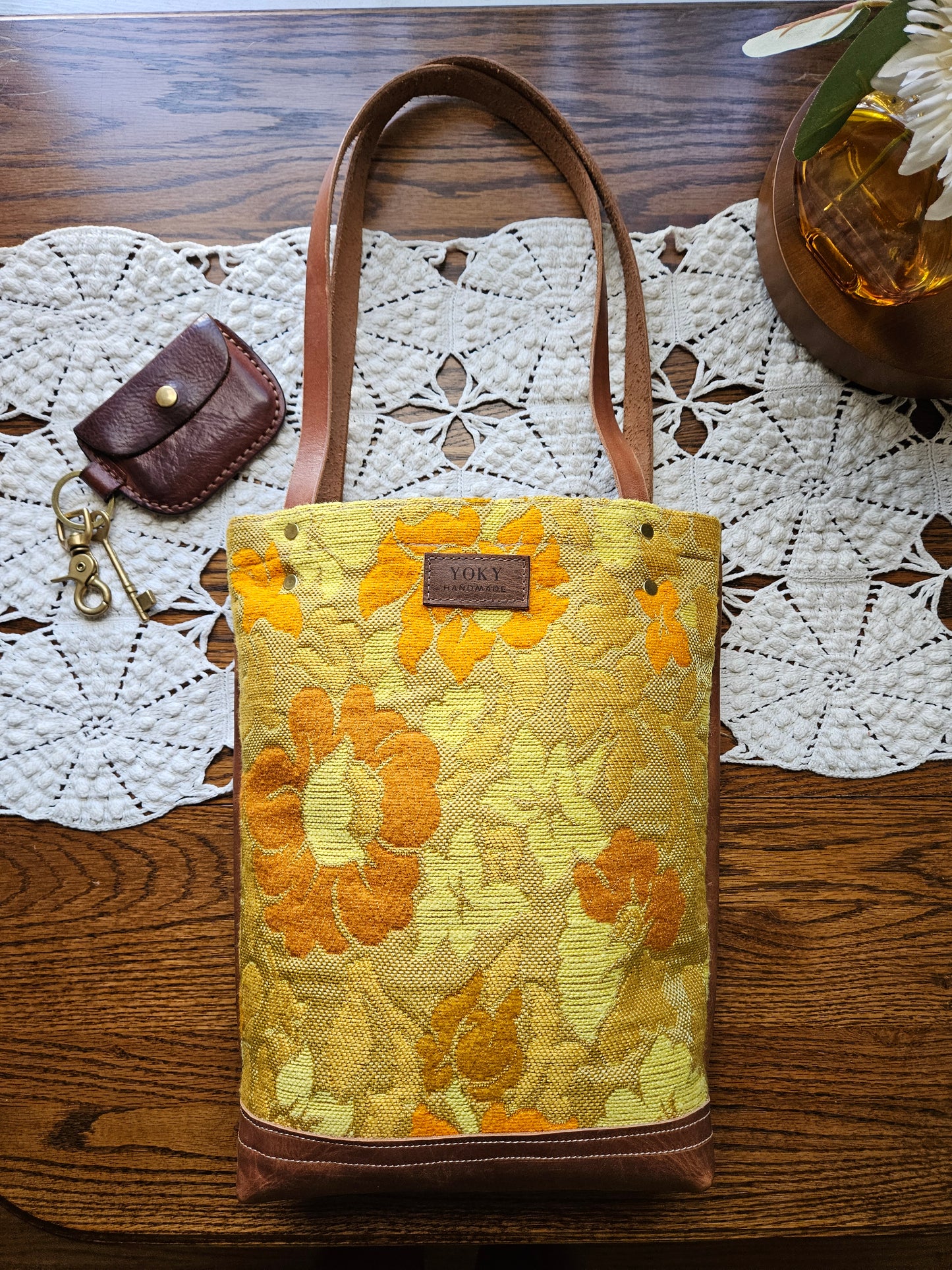 Small Vintage Fabric Leather Tote Bag